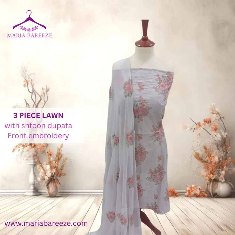 Elegant 3-Piece Lawn Unstitched Dress with Chiffon Dupatta