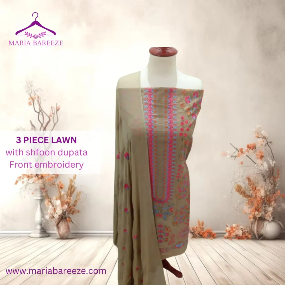 Elegant 3-Piece Lawn Unstitched Dress with Chiffon Dupatta