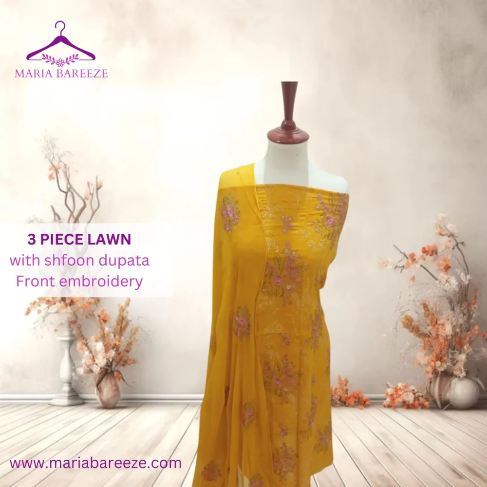 Elegant 3-Piece Lawn Unstitched Dress with Chiffon Dupatta