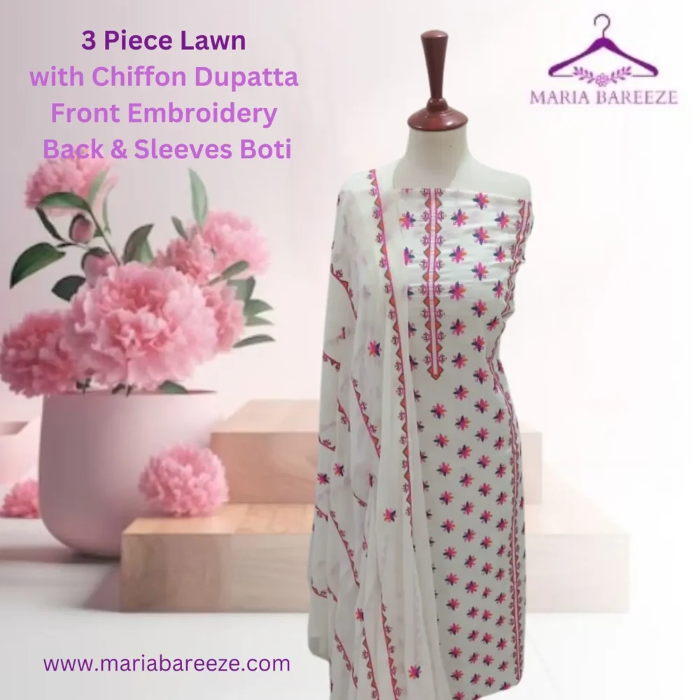 Elegant 3-Piece Lawn Unstitched Dress with Chiffon Dupatta