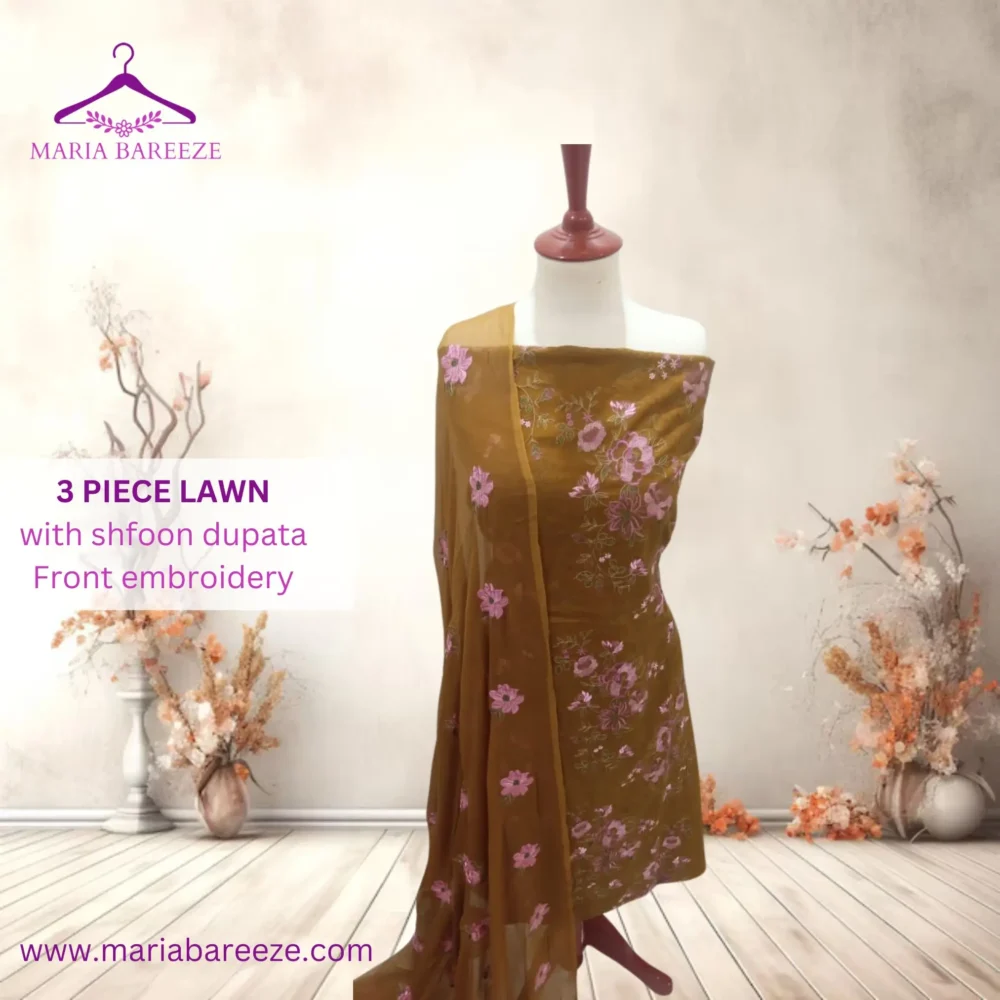 Elegant 3-Piece Lawn Unstitched Dress with Chiffon Dupatta