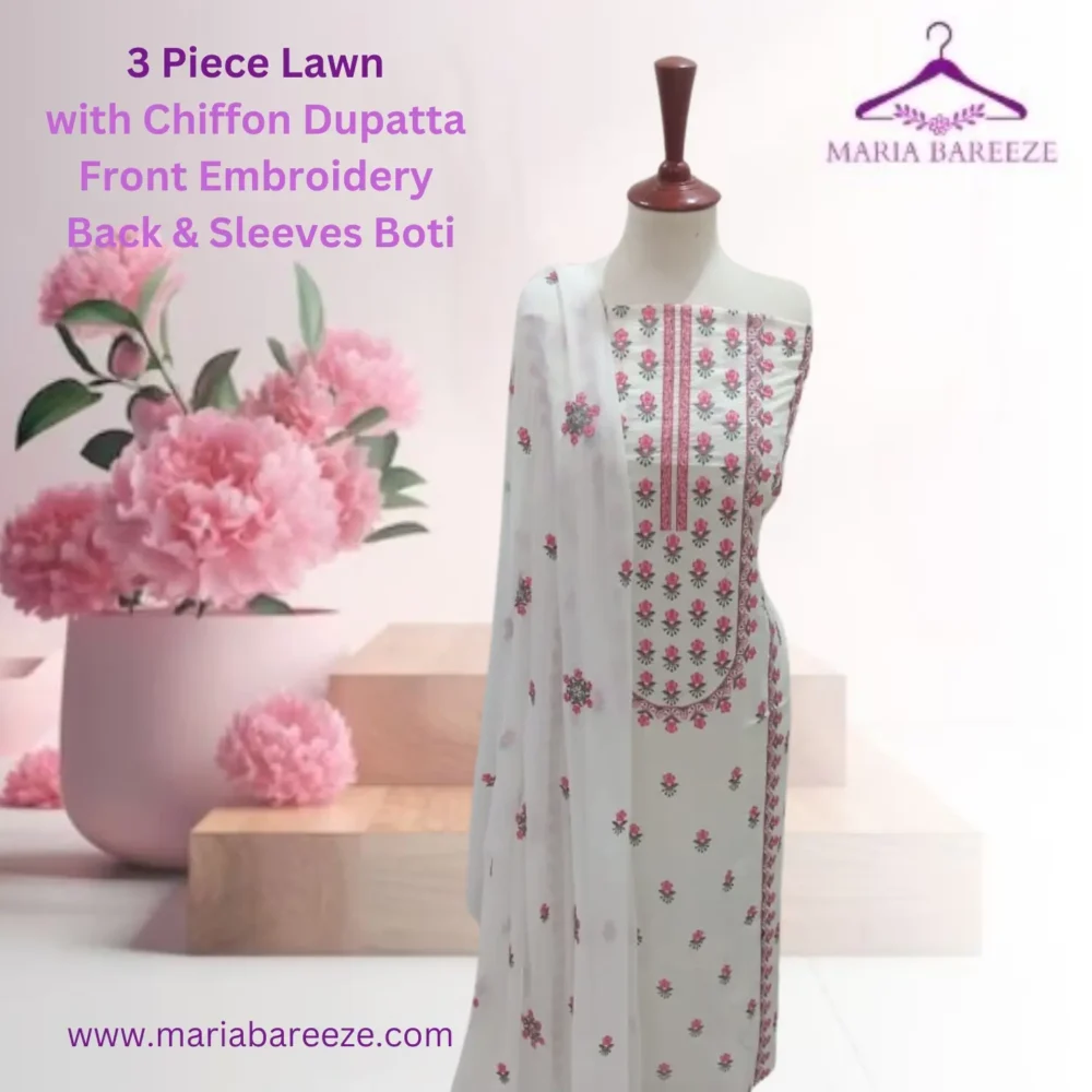 Elegant 3-Piece Lawn Unstitched Dress with Chiffon Dupatta