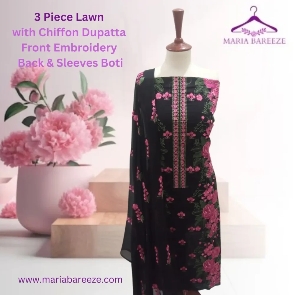 Elegant 3-Piece Lawn Unstitched Dress with Chiffon Dupatta