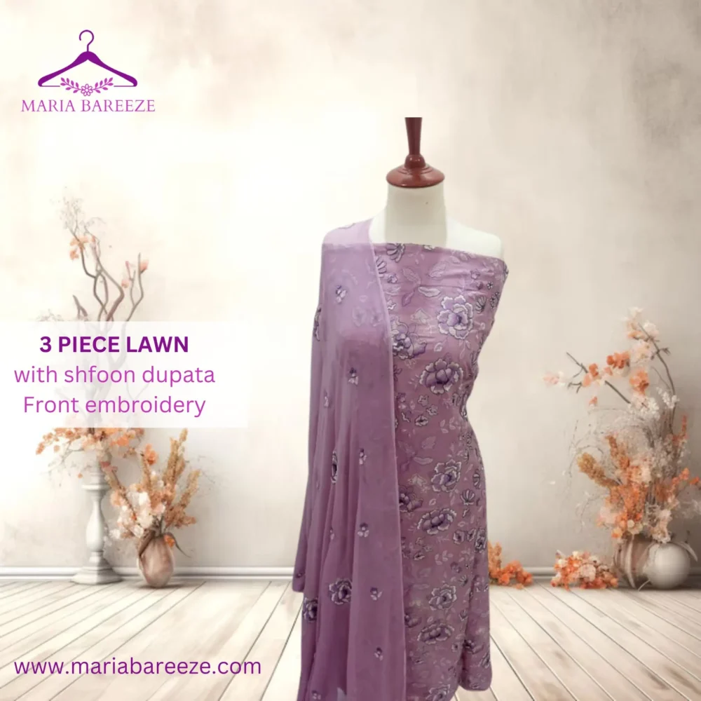 Elegant 3-Piece Lawn Unstitched Dress with Chiffon Dupatta