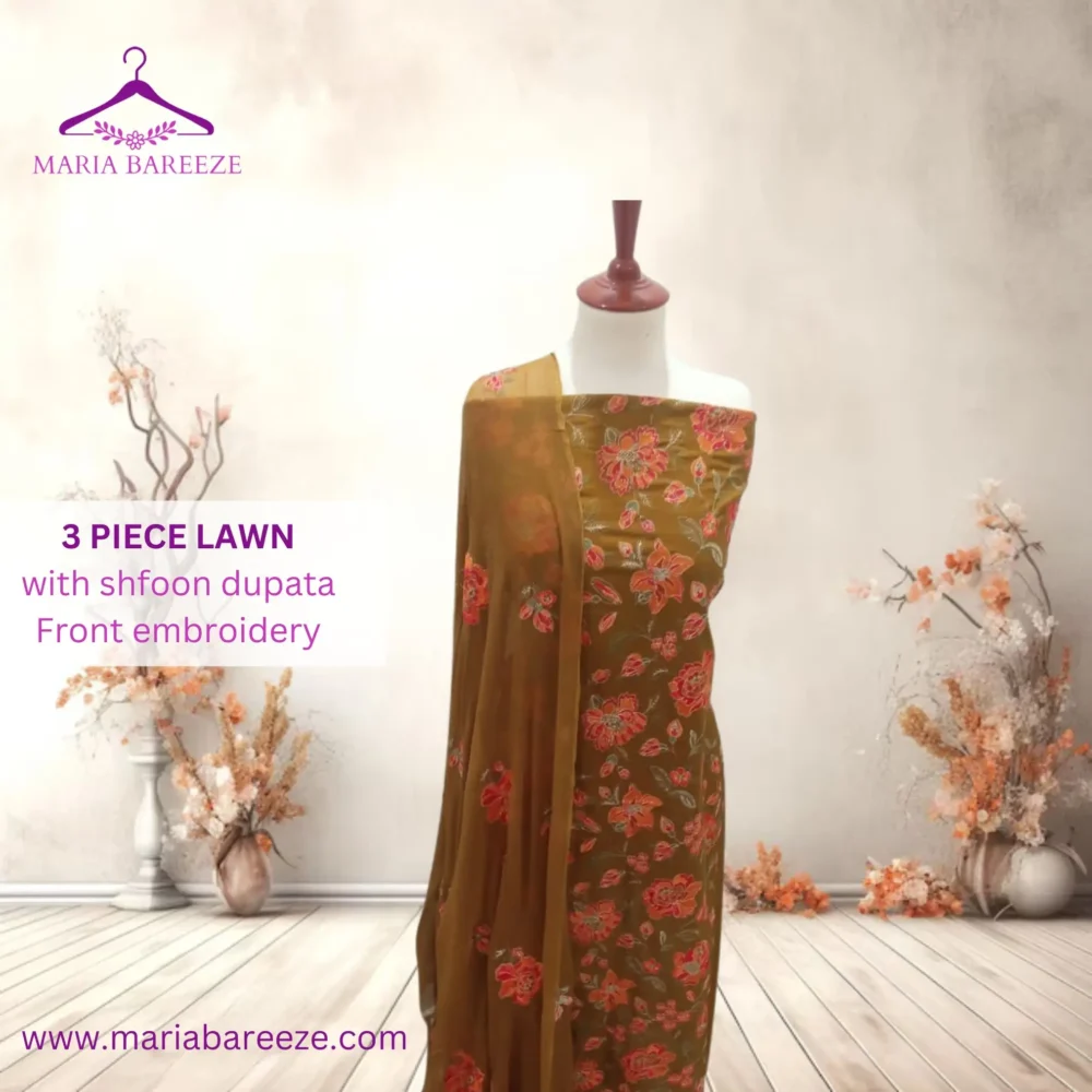 Elegant 3-Piece Lawn Unstitched Dress with Chiffon Dupatta