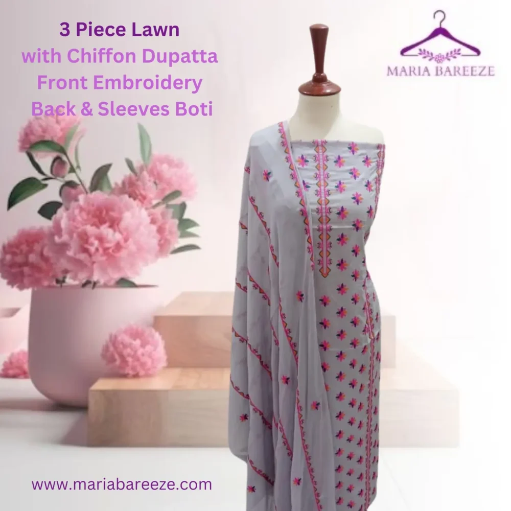 Elegant 3-Piece Lawn Unstitched Dress with Chiffon Dupatta