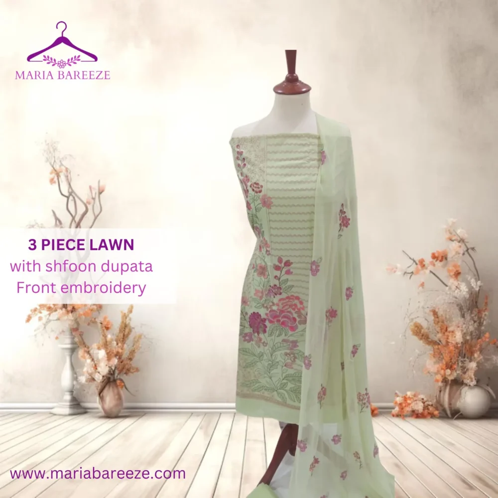 Elegant 3-Piece Lawn Unstitched Dress with Chiffon Dupatta