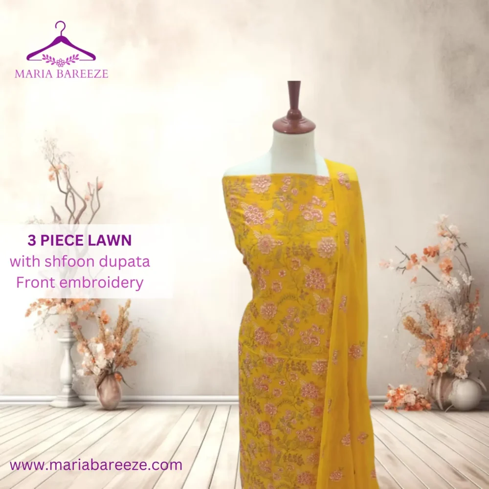 Elegant 3-Piece Lawn Unstitched Dress with Chiffon Dupatta