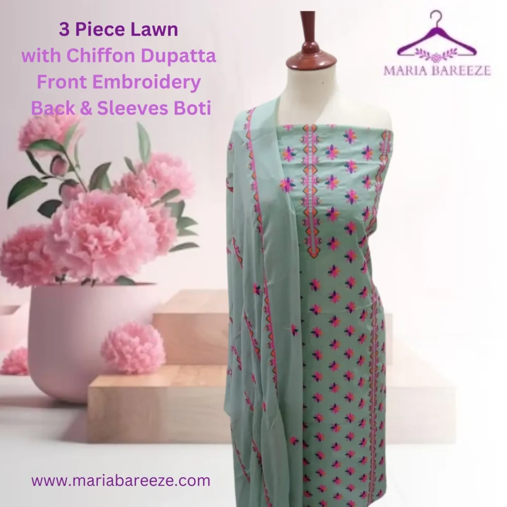 Elegant 3-Piece Lawn Unstitched Dress with Chiffon Dupatta