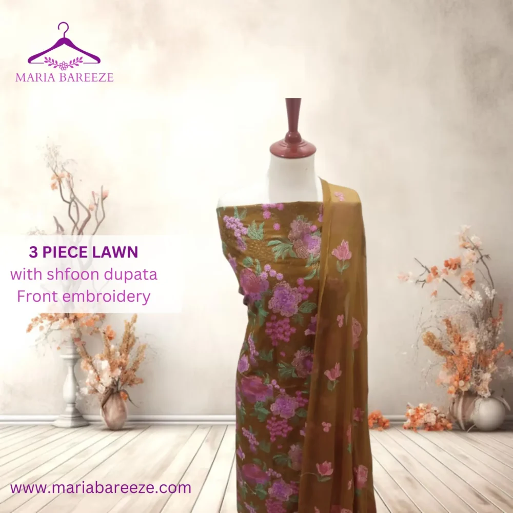 Elegant 3-Piece Lawn Unstitched Dress with Chiffon Dupatta