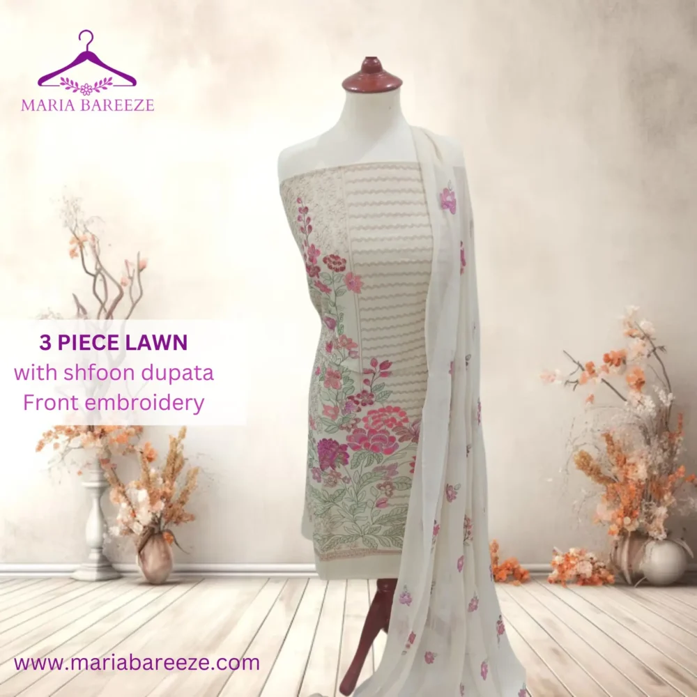 Elegant 3-Piece Lawn Unstitched Dress with Chiffon Dupatta