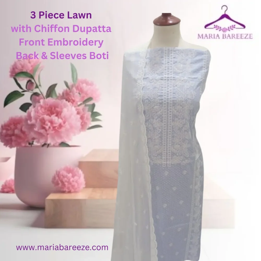 Elegant 3-Piece Lawn Unstitched Dress with Chiffon Dupatta