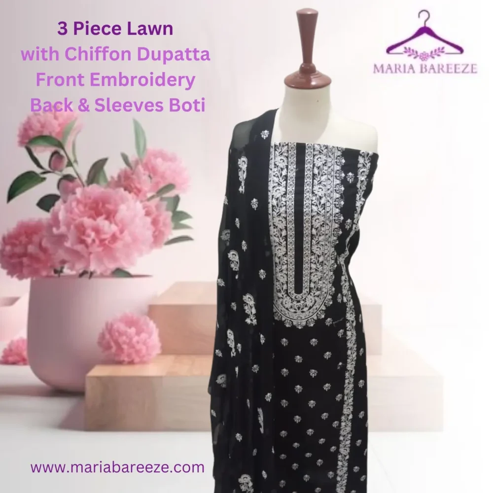 Elegant 3-Piece Lawn Unstitched Dress with Chiffon Dupatta