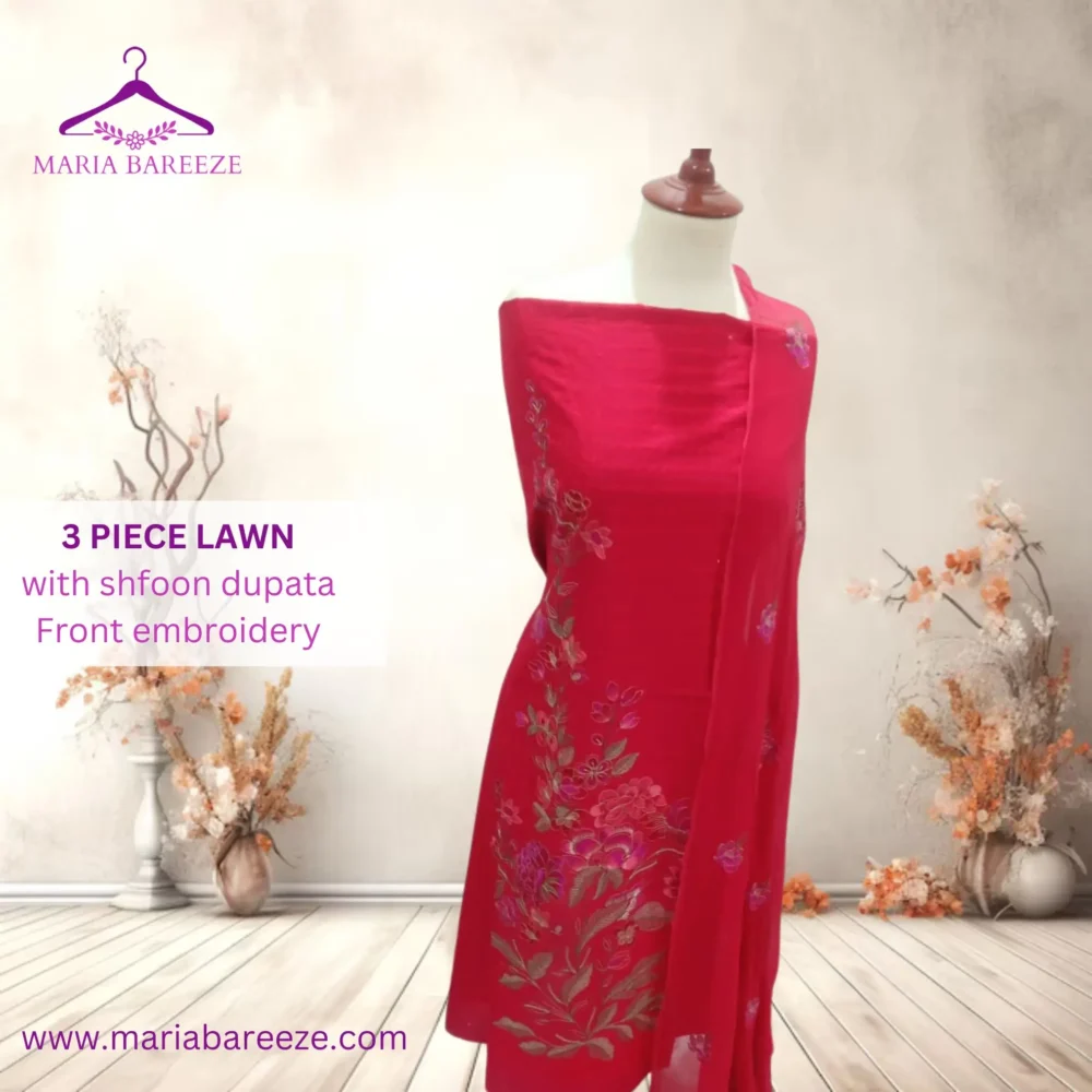 Elegant 3-Piece Lawn Unstitched Dress with Chiffon Dupatta