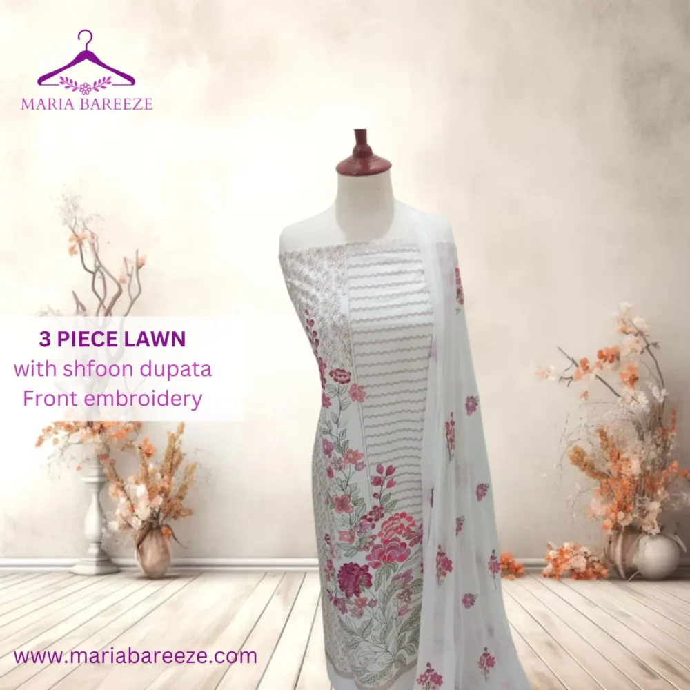 Elegant 3-Piece Lawn Unstitched Dress with Chiffon Dupatta