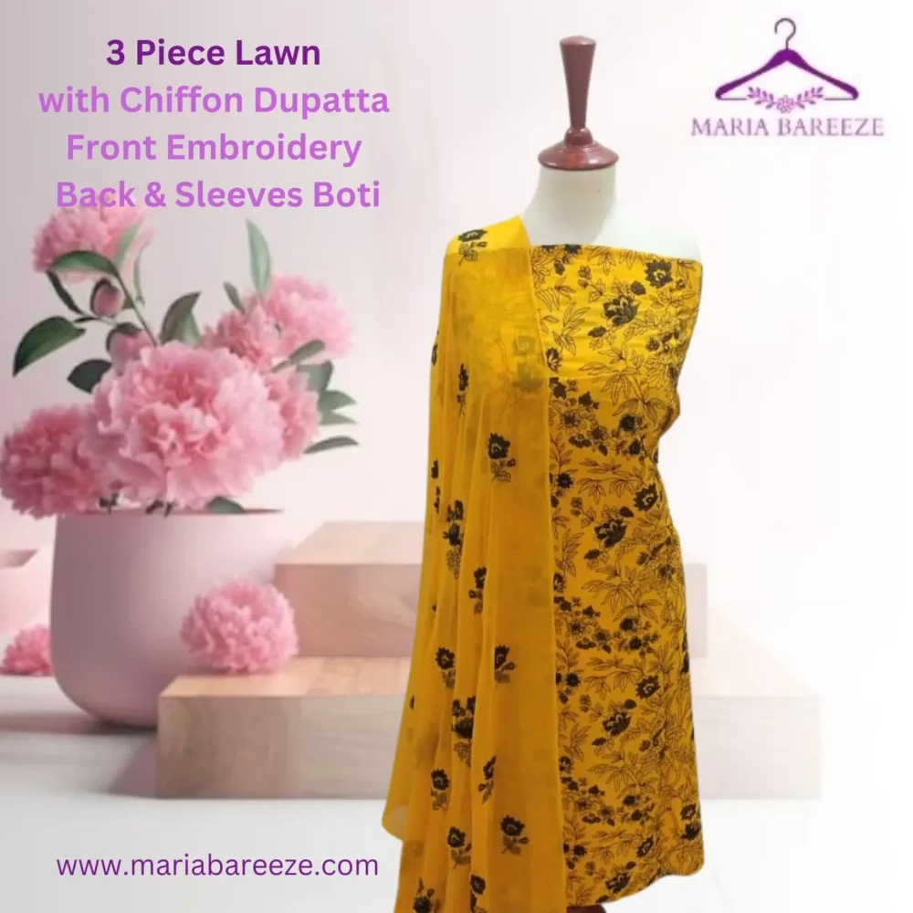 Elegant 3-Piece Lawn Unstitched Dress with Chiffon Dupatta