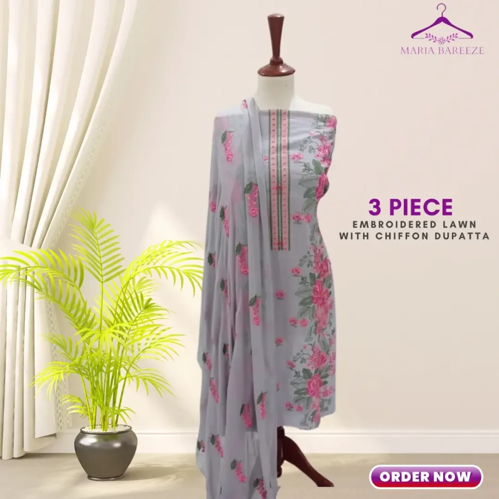 3 PICE LAWN EMBROIDERED DRESS SHFOON DOPEETA